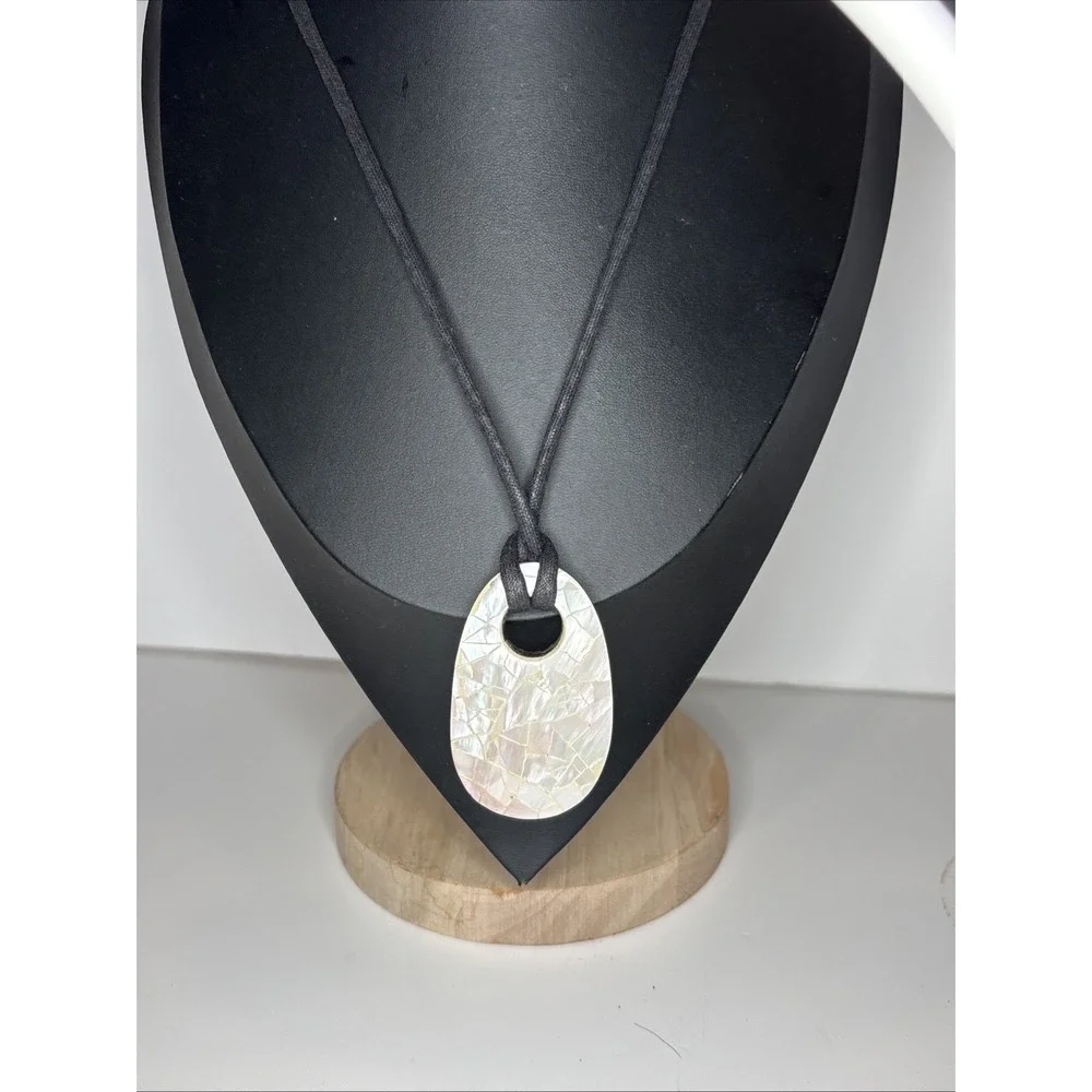 Mother of Pearl Mosaic Pendant Necklace Wood Back Black Cord 24